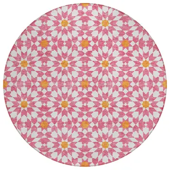 8' Pink Ivory And Orange Round Floral Medallion Washable Indoor Outdoor Area Rug