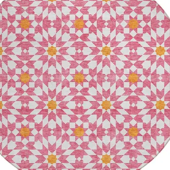 8' Pink Ivory And Orange Round Floral Medallion Washable Indoor Outdoor Area Rug