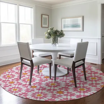 8' Pink Ivory And Orange Round Floral Medallion Washable Indoor Outdoor Area Rug