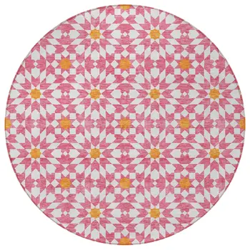 8' Pink Ivory And Orange Round Floral Medallion Washable Indoor Outdoor Area Rug