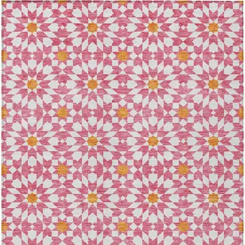 9' X 12' Pink Ivory And Orange Floral Medallion Washable Indoor Outdoor Area Rug