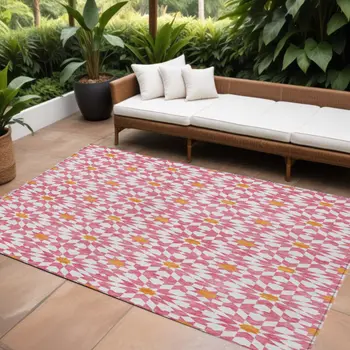 10' X 14' Pink Ivory And Orange Floral Medallion Washable Indoor Outdoor Area Rug