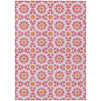 10' X 14' Pink Ivory And Orange Floral Medallion Washable Indoor Outdoor Area Rug