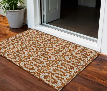 3' X 5' Orange Beige And Copper Floral Medallion Washable Indoor Outdoor Area Rug