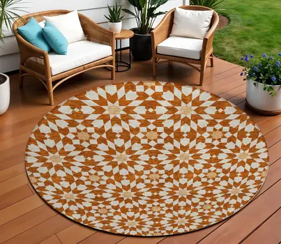 8' Orange Beige And Copper Round Floral Medallion Washable Indoor Outdoor Area Rug