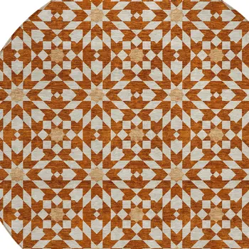 8' Orange Beige And Copper Round Floral Medallion Washable Indoor Outdoor Area Rug