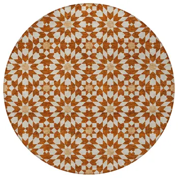 8' Orange Beige And Copper Round Floral Medallion Washable Indoor Outdoor Area Rug