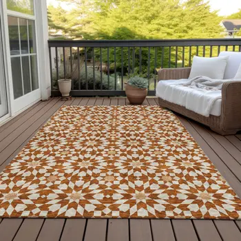 8' X 10' Orange Beige And Copper Floral Medallion Washable Indoor Outdoor Area Rug