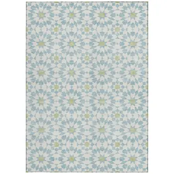 3' X 5' Sky Blue Ivory And Artichoke Green Floral Medallion Washable Indoor Outdoor Area Rug
