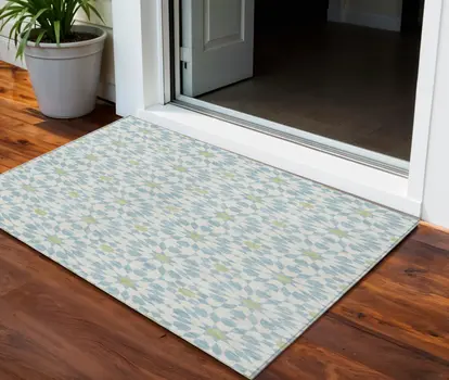 3' X 5' Sky Blue Ivory And Artichoke Green Floral Medallion Washable Indoor Outdoor Area Rug