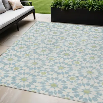 5' X 8' Sky Blue Ivory And Artichoke Green Floral Medallion Washable Indoor Outdoor Area Rug