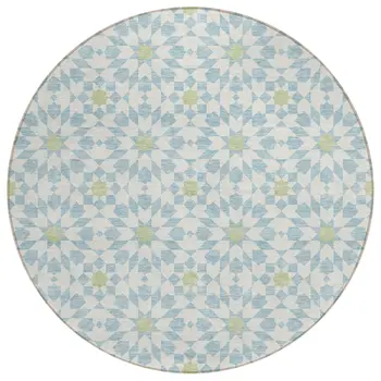 8' Sky Blue Ivory And Artichoke Green Round Floral Medallion Washable Indoor Outdoor Area Rug