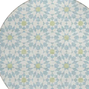 8' Sky Blue Ivory And Artichoke Green Round Floral Medallion Washable Indoor Outdoor Area Rug