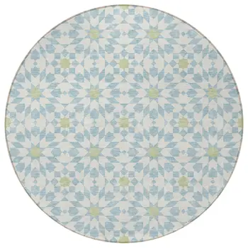 8' Sky Blue Ivory And Artichoke Green Round Floral Medallion Washable Indoor Outdoor Area Rug