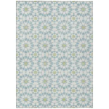 10' X 14' Sky Blue Ivory And Artichoke Green Floral Medallion Washable Indoor Outdoor Area Rug