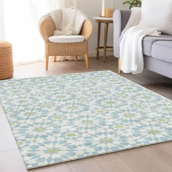 10' X 14' Sky Blue Ivory And Artichoke Green Floral Medallion Washable Indoor Outdoor Area Rug
