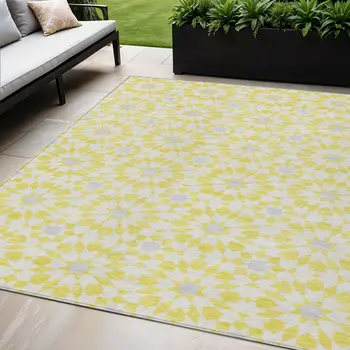 5' X 8' Yellow Ivory And Gray Floral Medallion Washable Indoor Outdoor Area Rug