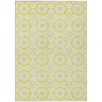 5' X 8' Yellow Ivory And Gray Floral Medallion Washable Indoor Outdoor Area Rug