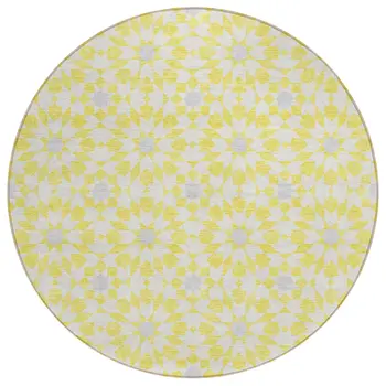 8' Yellow Ivory And Gray Round Floral Medallion Washable Indoor Outdoor Area Rug