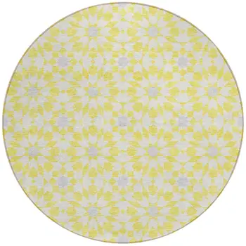 8' Yellow Ivory And Gray Round Floral Medallion Washable Indoor Outdoor Area Rug