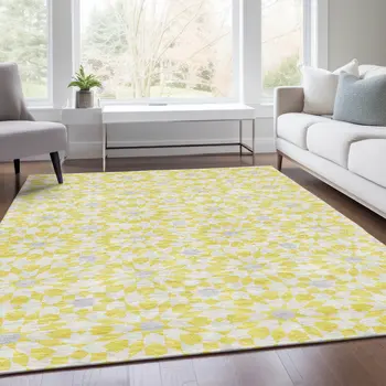 9' X 12' Yellow Ivory And Gray Floral Medallion Washable Indoor Outdoor Area Rug