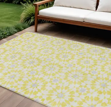 10' X 14' Yellow Ivory And Gray Floral Medallion Washable Indoor Outdoor Area Rug
