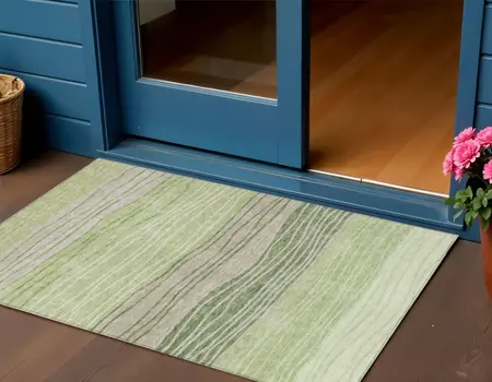 3' X 5' Artichoke Green And Taupe Striped Washable Indoor Outdoor Area Rug