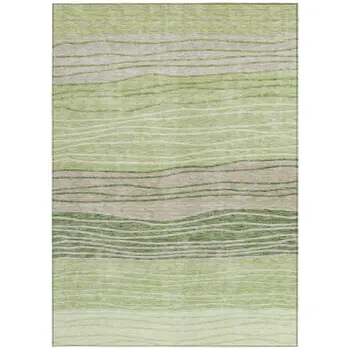 5' X 8' Artichoke Green And Taupe Striped Washable Indoor Outdoor Area Rug