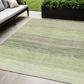 5' X 8' Artichoke Green And Taupe Striped Washable Indoor Outdoor Area Rug