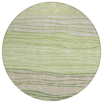 8' Artichoke Green And Taupe Round Striped Washable Indoor Outdoor Area Rug