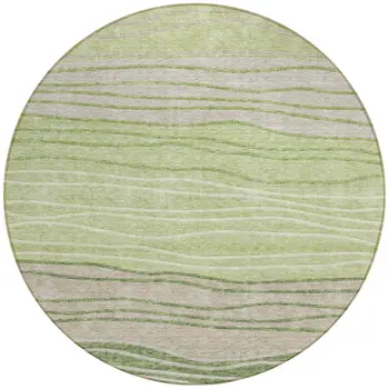 8' Artichoke Green And Taupe Round Striped Washable Indoor Outdoor Area Rug
