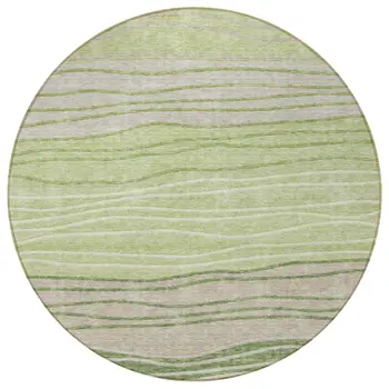 8' Artichoke Green And Taupe Round Striped Washable Indoor Outdoor Area Rug