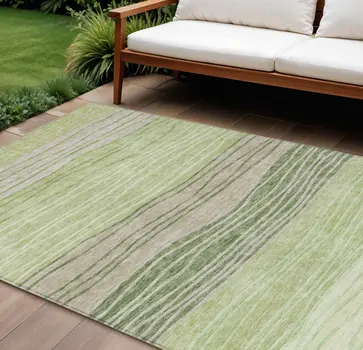 8' X 10' Artichoke Green And Taupe Striped Washable Indoor Outdoor Area Rug