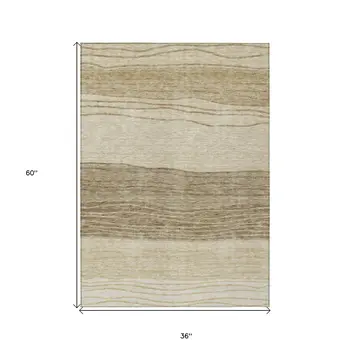 3' X 5' Beige Brown And Taupe Striped Washable Indoor Outdoor Area Rug