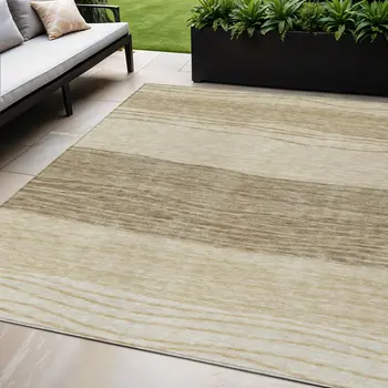5' X 8' Beige Brown And Taupe Striped Washable Indoor Outdoor Area Rug