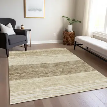 5' X 8' Beige Brown And Taupe Striped Washable Indoor Outdoor Area Rug