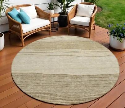 8' Beige Brown And Taupe Round Striped Washable Indoor Outdoor Area Rug
