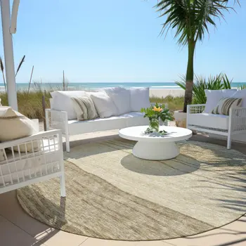 8' Beige Brown And Taupe Round Striped Washable Indoor Outdoor Area Rug