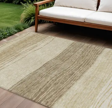 9' X 12' Beige Brown And Taupe Striped Washable Indoor Outdoor Area Rug