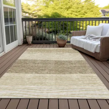 10' X 14' Beige Brown And Taupe Striped Washable Indoor Outdoor Area Rug