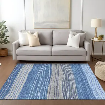 3' X 5' Navy Blue And Gray Striped Washable Indoor Outdoor Area Rug