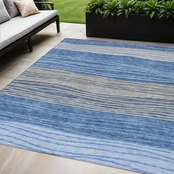 5' X 8' Navy Blue And Gray Striped Washable Indoor Outdoor Area Rug