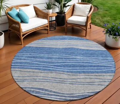 8' Navy Blue And Gray Round Striped Washable Indoor Outdoor Area Rug