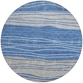 8' Navy Blue And Gray Round Striped Washable Indoor Outdoor Area Rug