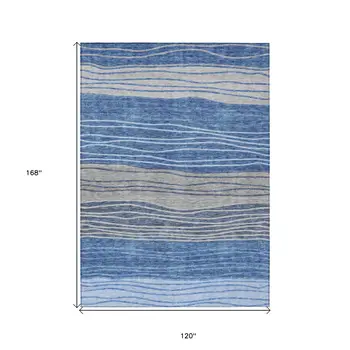 10' X 14' Navy Blue And Gray Striped Washable Indoor Outdoor Area Rug