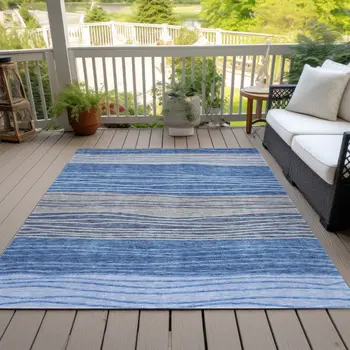 10' X 14' Navy Blue And Gray Striped Washable Indoor Outdoor Area Rug