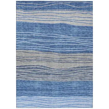 10' X 14' Navy Blue And Gray Striped Washable Indoor Outdoor Area Rug