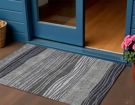 3' X 5' Gray Charcoal And Silver Striped Washable Indoor Outdoor Area Rug
