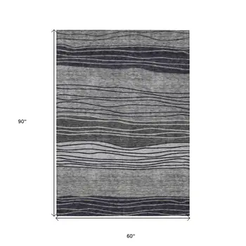 5' X 8' Gray Charcoal And Silver Striped Washable Indoor Outdoor Area Rug