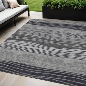 5' X 8' Gray Charcoal And Silver Striped Washable Indoor Outdoor Area Rug